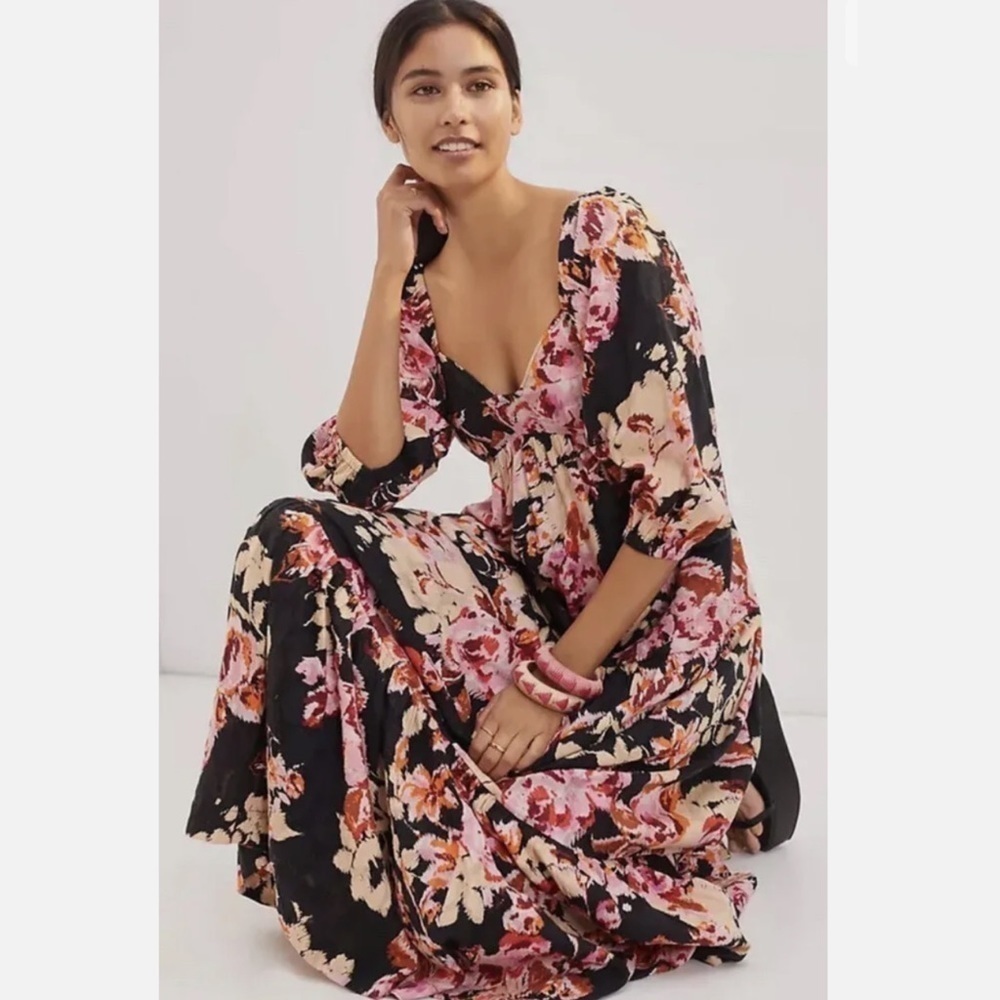 ANTHROPOLOIE l Black Floral Motif Blossom Tiered Short Sleeve Maxi Dress Small